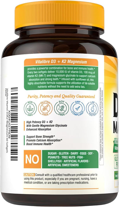 Vitalibre Vitamin D3 K2 + Magnesium Supplement, 10000 IU Vitamin D3 & 100 mcg K2, with Magnesium Glycinate, Bone, Teeth, Immune & Energy Support, High Absorption, Non-GMO, Easy to Swallow, 60 Softgels