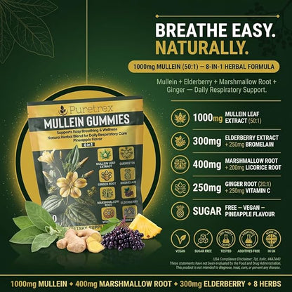 Mullein Gummies, 8-in-1 Natural Herbal Blend, Pineapple Flavor, 60 Count, Respiratory Support Supplement with Elderberry, Vitamin C, Ginger Root