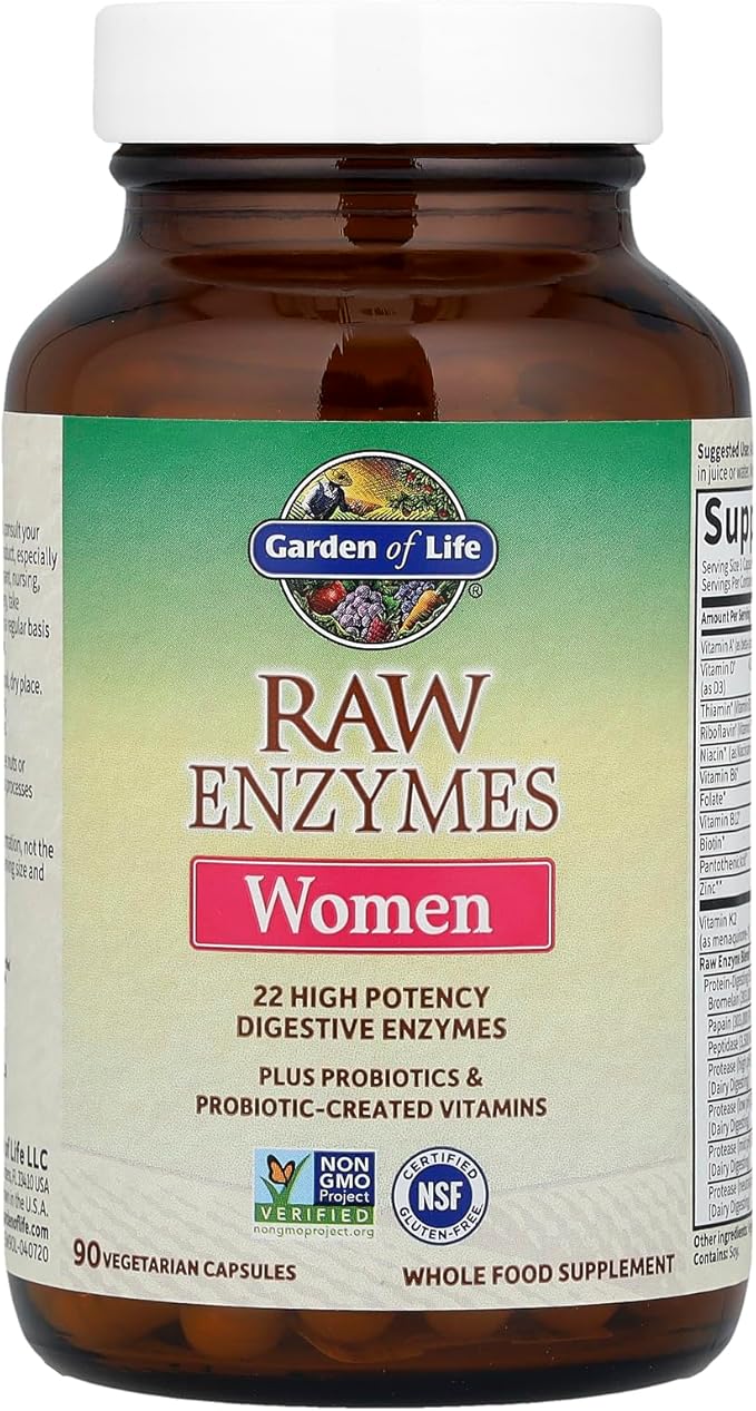 Garden of Life 22 Powerful Raw Enzymes for Women with Papain, Bromelain, Lactase plus Probiotics and Vitamins B12, Biotin and Zinc, Dietary Supplement with Digestive Enzymes, Vegetarian, 90 Capsules
