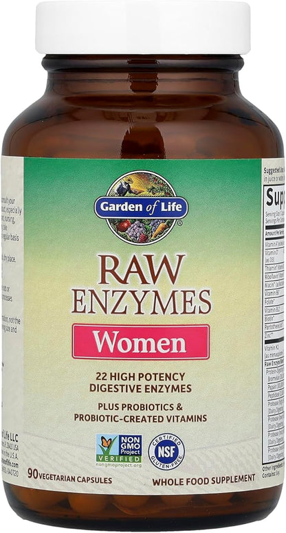 Garden of Life 22 Powerful Raw Enzymes for Women with Papain, Bromelain, Lactase plus Probiotics and Vitamins B12, Biotin and Zinc, Dietary Supplement with Digestive Enzymes, Vegetarian, 90 Capsules