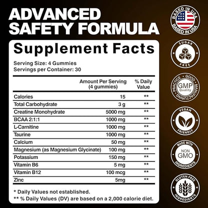 KUKALY Creatine Monohydrate Gummies for Men & Women, 8500MG Creatine Gummies Sugar Free Pineapple Flavored with L-Taurine BCAA 2:1, B12 B6 for Boost Strength, Focus & Endurance, Vegan, Non-GMO 120pcs