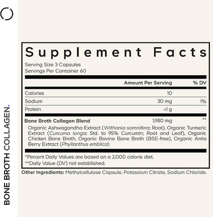 Codeage Organic Bone Broth Collagen Peptides Capsules Supplement, Bone Broth Grass Fed Beef, Free-Range Chicken, Turmeric & Ashwagandha - Collagen Types I, II, III - Non-GMO - 180 Capsules