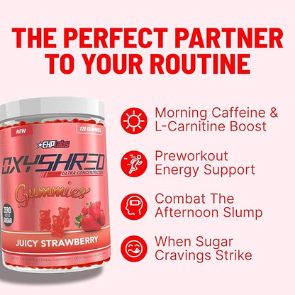 EHP Labs OxyShred Gummies - Pre Workout Gummies & Energy Chews with 100mg Caffeine, L-Carnitine for Thermo & Metabolic Support, All Natural Energy Boost - Strawberry Flavor – 60 Servings