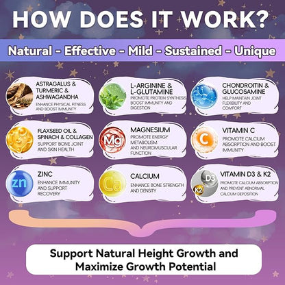 Height Growth Gummies for Kids & Teens - Calcium, Vitamin D3 + K2, Zinc, Magnesium, L-Arginine - Teen Multivitamin Gummies for Children Bone Strength and Immunity - 60 Gummies