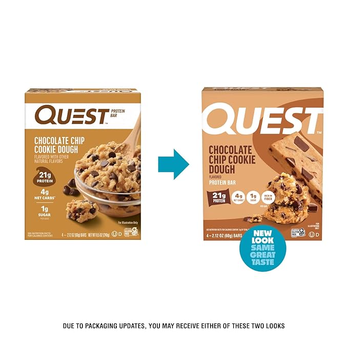 Quest Nutrition Chocolate Chip Cookie Dough Protein Bars, 21g Protein, 4, Net Carbs, 1g Sugar, High Fiber, Gluten Free, Keto Friendly, 4 Count