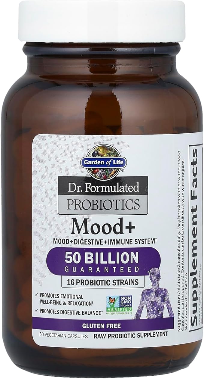 Garden of Life Dr. Formulated Probiotics Mood+ - 50 Billion CFU - Supports Relaxation & Digestive Health - 60 Vegetarian Capsules