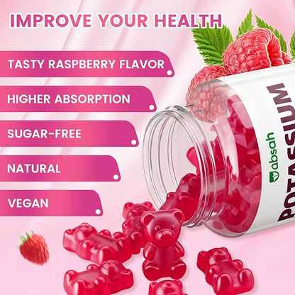 Potassium Citrate Gummies 1200mg, Sugar-Free Potassium Supplement for Adults Women & Men, Supports Leg Cramps & Muscle & Heart Health, Vegan, Gluten Free - Raspberry Flavor (60 Count)