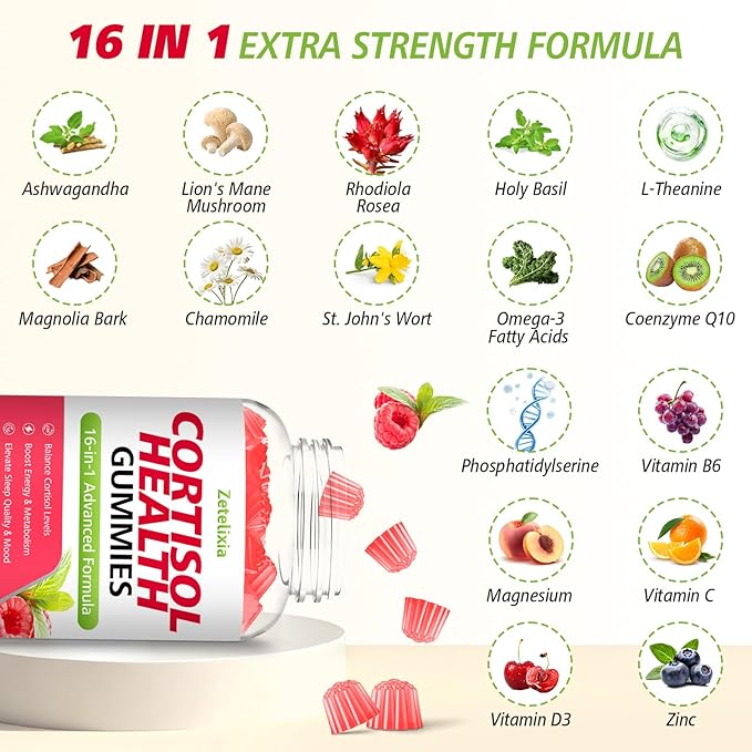 Cortisol Gummies for Women, 16-in-1 Sugar Free Cortisol Supplements for Women with Ashwagandha, Rhodiola Rosea, Magnesium, L-theanine for Relaxation, Zzz, Cognition, Raspberry Flavor, 60Ct