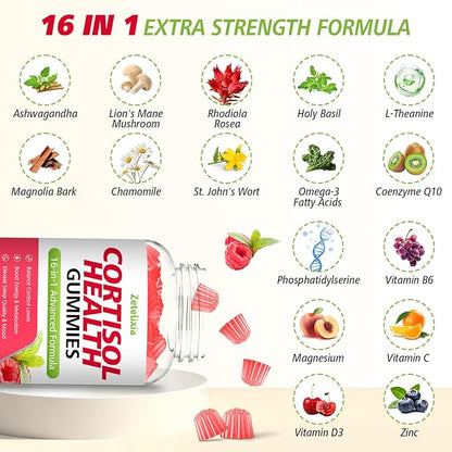 Cortisol Gummies for Women, 16-in-1 Sugar Free Cortisol Supplements for Women with Ashwagandha, Rhodiola Rosea, Magnesium, L-theanine for Relaxation, Zzz, Cognition, Raspberry Flavor, 60Ct