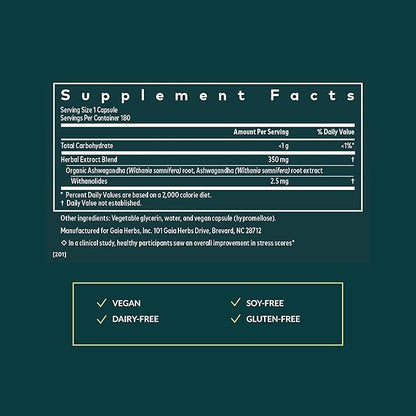 Gaia Herbs Ashwagandha Root - Stress Relief & Sleep Support Supplement - Supports Balanced Energy Levels & Positive Outlook* - 180 Vegan Liquid Phyto-Caps (90 Servings)