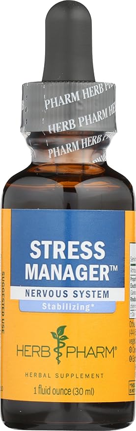 Herb Pharm Stress Manager: Adaptogenic Stress Support Tincture, Rhodiola Rosea, Holy Basil Extract, Reishi Mushroom Extract, Adrenal Function Support, Vegan, Non-GMO, 1 Oz - Packaging May Vary