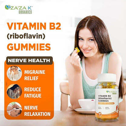 ZA'ZA K ORGANICS Vitamin B2 Gummies - Riboflavin 400 mg for Kids & Adults, Vegan Essential Vitamin B2 Supplements, Energy Support & Nerve Health, 60 Gummies