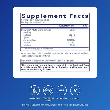 Pure Encapsulations Digestive Enzyme Chewables | Chewable Enzyme Blend to Support Protein, Carbohydrate, Fiber, and Dairy Digestion | 100 Chewable Tablets