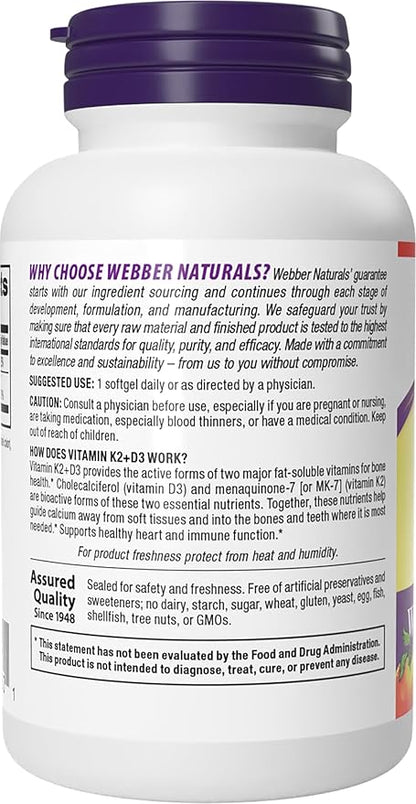 Webber Naturals Super Vitamin K2 MK-7 120 mcg with Vitamin D3, 90 Softgels, Supports Bones, Teeth, and Cardiovascular System