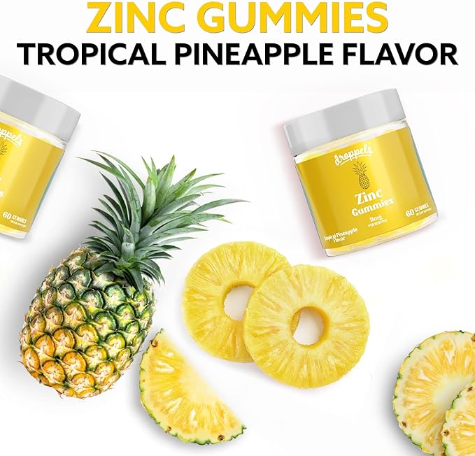 Droppels Zinc Citrate Gummies 11mg – Immune Support & Skin Health Supplement | Vegan, Plant-Based, Gluten Free, Gelatin Free, Non-GMO | Tropical Pineapple Chewable Zinc for Adults, 60 Count
