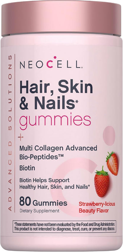 NeoCell Hair Skin and Nails Gummies | 80 Count | with Multi Collagen Advanced Bio-Peptides | Plus Vitamin C and Biotin | for Women and Men