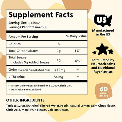 PYM Citrus Mood Chews Support for Stress, Worry & Overwhelm, 60 Count | 130mg GABA, 90mg L-Theanine | Vegan,Non-GMO, Gluten-Free,No Added Sugar | All-Natural Mood Balance Supplement in Resealable Bag