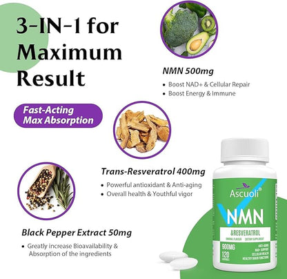 Sublingual NMN 500mg + Trans-Resveratrol 400mg, 3-in-1 Advanced Formula 99% Pure NMN Resveratrol Supplement for Boost* NAD, Cell, Immune, Energy & Muscle, Anti-Aging, 120 Lozenges, 120-Day Supply