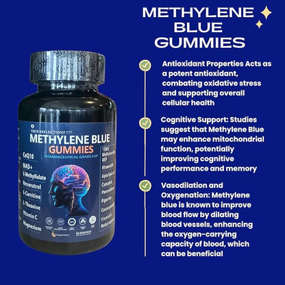 Methylene Blue Gummies 12mg Made in USA Cognitive Support w/Added Vitamin C, NAD,L Methylfolate, Methylcobalamin b12, Mitochondrial Support, Brain Health & Focus, Clarity, methylated Vitamins