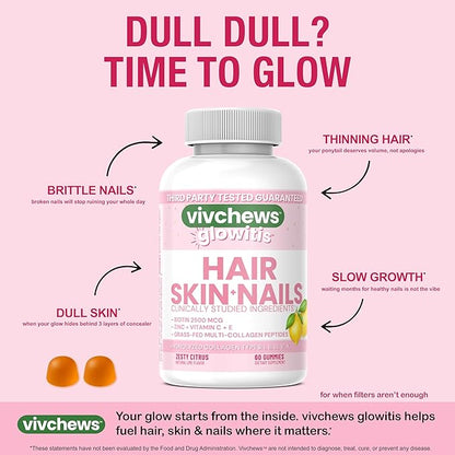 Glowitis Hair, Skin & Nails Gummies for Thick Hair, Strong Nails & Healthy Skin with Hydrolyzed Multi-Collagen Peptides, Biotin, Zinc, Vitamins C & E, Gluten-Free, Zesty Citrus Flavor, 60 Ct