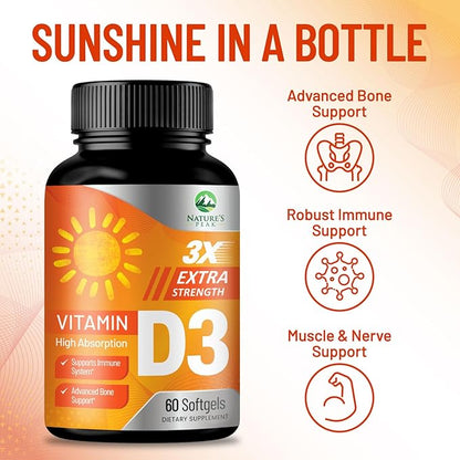 Vitamin D-3 5000 IU (125 mcg) Per Serving Softgels - Extra Strength Vitamins D Dietary Supplement for Bone, Teeth, Muscle Health & Immune Support, Rapid Absorbtion USA Bottled, Gluten Free - 60 Count