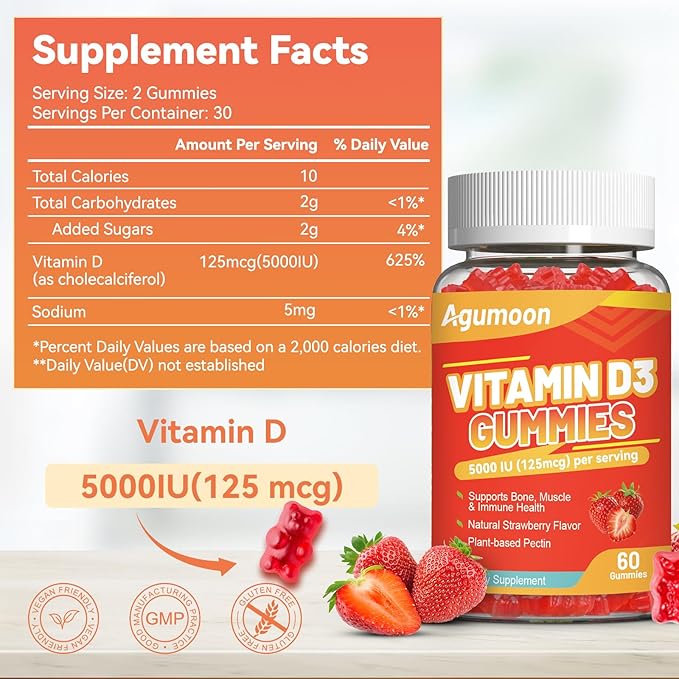2 Pack Vitamin D3 5000 IU 125mcg Gummies - Vitamin D Gummies for Adults, Support Immune, Bone, Muscle Health - Non-GMO, Gluten-Free, Dairy-Free, No Gelatin, 120 Count, Strawberry Flavor
