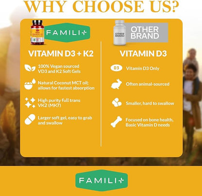 FAMILI+ 180 Days Vegan Vitamin D3+K2 Softgel with Coconut MCT Oil | 2000IU Plant Source Vitamin D3 + 100 mcg Vitamin K2 MK-7 | for Bone, Muscel, Immune, Teeth & Heart Health | 100% Vegan no-Gelatin