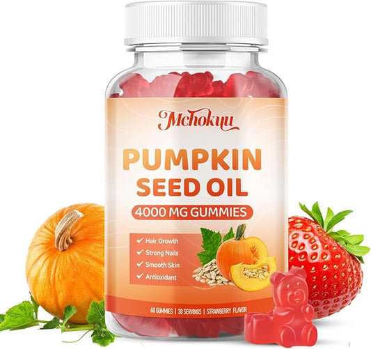 Pumpkin Seed Oil Supplement Gummies with Saw Palmetto for Hair Growth & Skin Health Support, High Pure Extract for Women & Men Extra Strength Pumpkin Seed, Strawberry Flavor, 60 Count