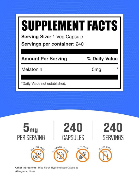 BulkSupplements.com Melatonin 5 mg Capsules - Melatonin for Adults, Sleep Supplement - 5mg Melatonin per Serving, 1 Capsule per Serving, 240 Capsules (Pack of 1)