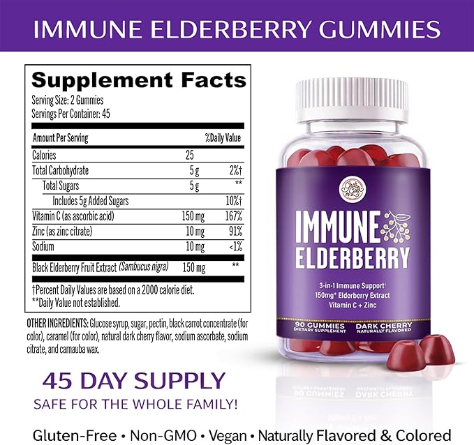 Grab The Gold Immunity Gummies | Elderberry Flavor with Vitamin C & Zinc | Cold & Flu Support, Vegan, Gluten-Free | 45 Day Supply, Made in USA