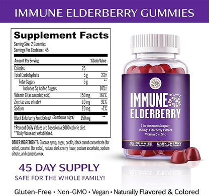 Grab The Gold Immunity Gummies | Elderberry Flavor with Vitamin C & Zinc | Cold & Flu Support, Vegan, Gluten-Free | 45 Day Supply, Made in USA