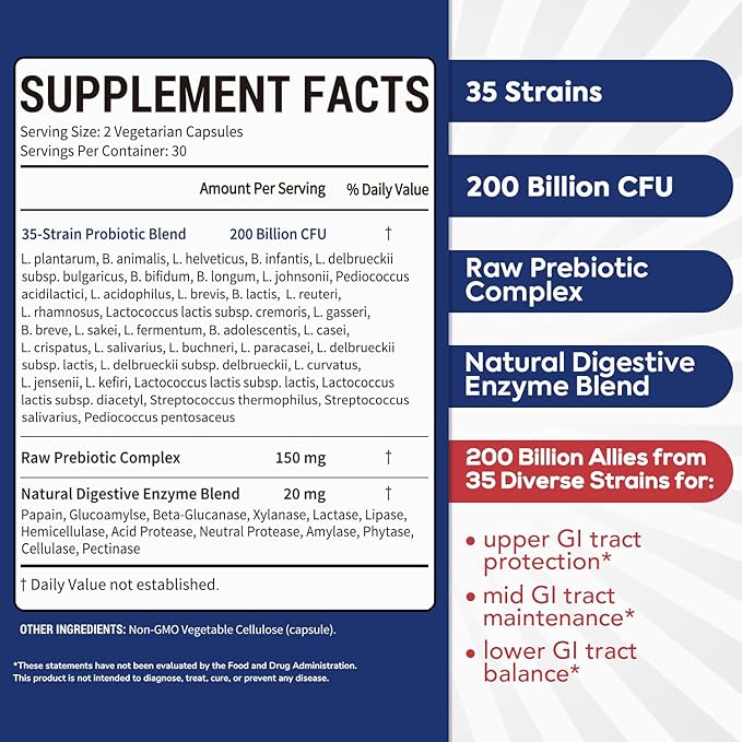 Probiotic for Men & Women, 200 Billion CFU 35 Strains, Prebiotics + Digestive Enzymes, Supreme Restore Probiotic Supplement, 60 Veggie Capsules