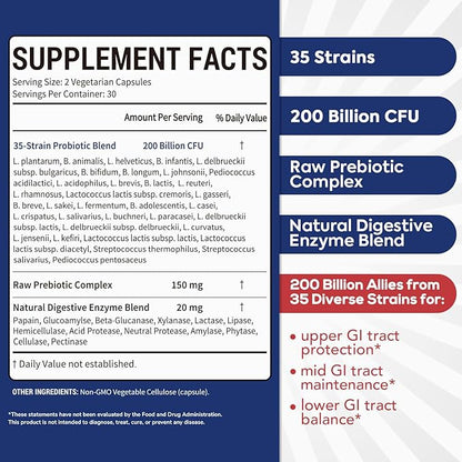 Probiotic for Men & Women, 200 Billion CFU 35 Strains, Prebiotics + Digestive Enzymes, Supreme Restore Probiotic Supplement, 60 Veggie Capsules
