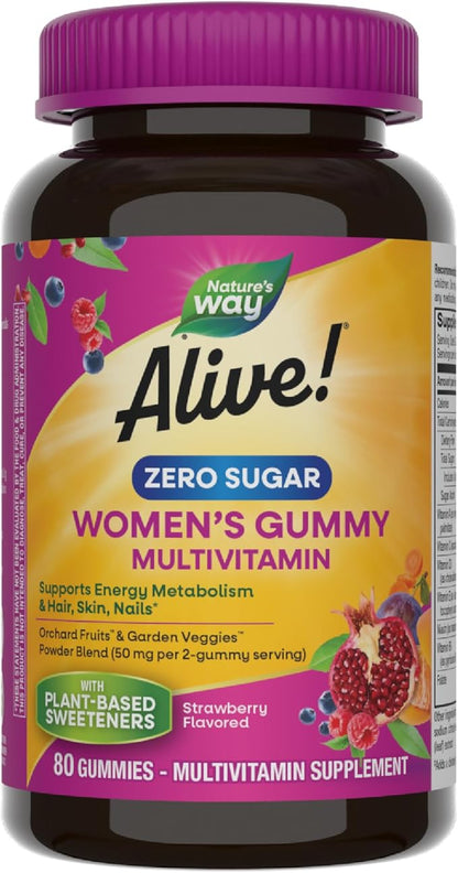 Nature’s Way Alive! Zero Sugar Women's Gummy Multivitamins, Energy Metabolism*, Hair, Skin, Nails*, B-Vitamins, No Sugar Alcohols, Plant-Based Sweeteners, Strawberry Flavored, 80 Gummies
