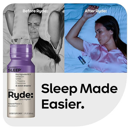 Ryde: SLEEP | 2oz Sleep Shot for Occasional Use | Melatonin, GABA, L-Theanine & Chamomile | Blackberry Natural Flavor | Sugar-Free, Zero Calories, Vegan | Manufactured in USA (24 Pack)