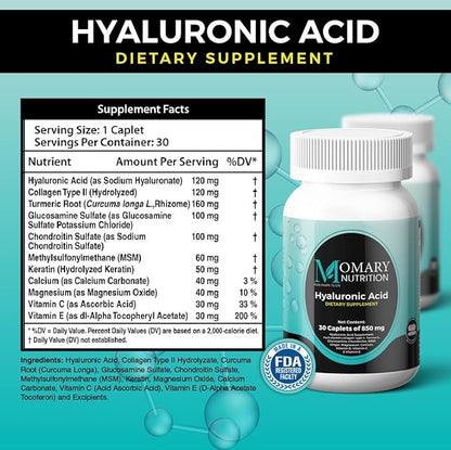 Hyaluronic Acid Supplement, Natural Skin Hydration, Advanced Joint Support and Mobility Booster, Type II Hydrolyzed Collagen, Turmeric, Glucosamine, Chondroitin, 30Caplets
