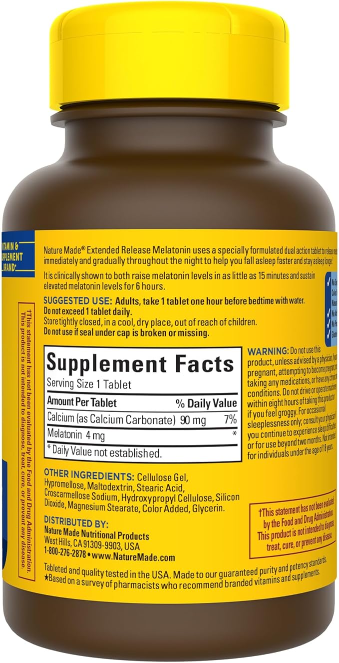 Nature Made Melatonin 4mg Extended Release Tablets,Sleep Supplements for Adults,100% Drug Free Sleep Aid,90 Day Supply,90 Count (Pack of 2)