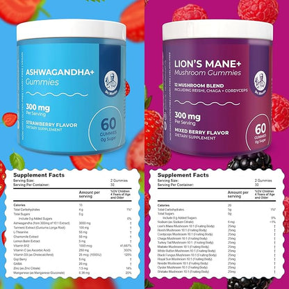 DR. MORITZ Ashwagandha Gummies + Lions Mane Mushroom Gummies Bundle – 60 Count Each – Sugar-Free, Non-GMO – with L-Theanine – Ashwagandha for Women & Men – Calm, Focus, Relaxation & Immune Support