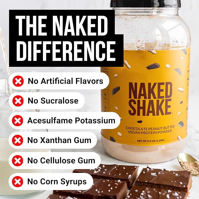 NAKED Shake - Chocolate Peanut Butter Protein Powder - Vegan Protein Powder from US & Canadian Farms with MCT Oil, NSF Certified, Gluten-Free, Soy-Free, No GMOs or Artificial Sweeteners - 30 Servings