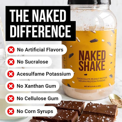 NAKED Shake - Chocolate Peanut Butter Protein Powder - Vegan Protein Powder from US & Canadian Farms with MCT Oil, NSF Certified, Gluten-Free, Soy-Free, No GMOs or Artificial Sweeteners - 30 Servings