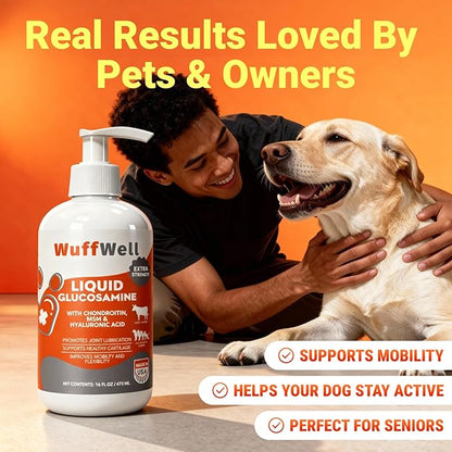 WuffWell Liquid Glucosamine for Dogs Hip & Joint Support with Chondroitin, MSM & Hyaluronic Acid, Dog Joint Supplement for Mobility & Cartilage Health, Easy Pump Dosage, All Breeds, Made in USA, 16oz