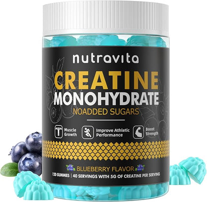 Nutravita NSF Certified Creatine Gummy - Creatine Monohydrate Gummies for Men & Women-5g of Creatine Monohydrate per Serving - Sugar Free,Vegan, Blueberry Flavor, 120 Count
