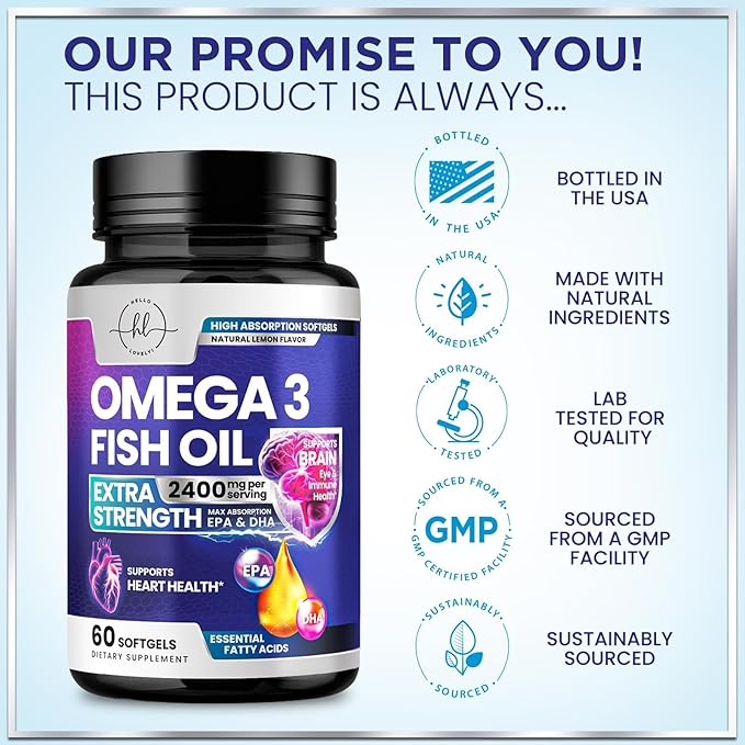 Omega 3 Fish Oil Supplements - 2400mg Fish Oil Per Serving - Triple Strength Omega-3 with EPA & DHA Fatty Acids - Natural Heart, Brain & Immune Support - Wild Caught, Bottled in USA - 60 Softgels