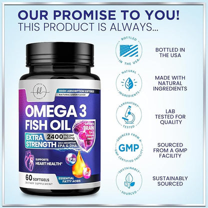 Omega 3 Fish Oil Supplements - 2400mg Fish Oil Per Serving - Triple Strength Omega-3 with EPA & DHA Fatty Acids - Natural Heart, Brain & Immune Support - Wild Caught, Bottled in USA - 60 Softgels