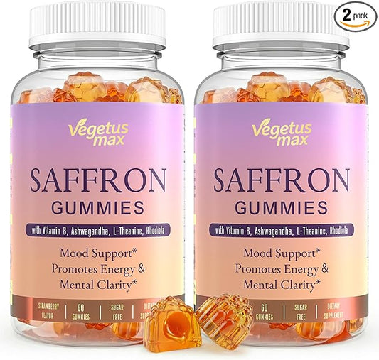 2 Pack Saffron Supplements Gummies, 88.5mg Pure Saffron Extract with Ashwagandha L-Theanine Rhodiola Rosemary Magnesium Vitamin B6 B12 for Mood Focus Support Adults Kids