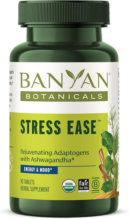 Banyan Botanicals Organic Stress Ease – Adrenal Support & Resilience Supplement – Ashwagandha & Shatavari for Fatigue & Nervous System Balance – 90 Tablets – USDA Organic