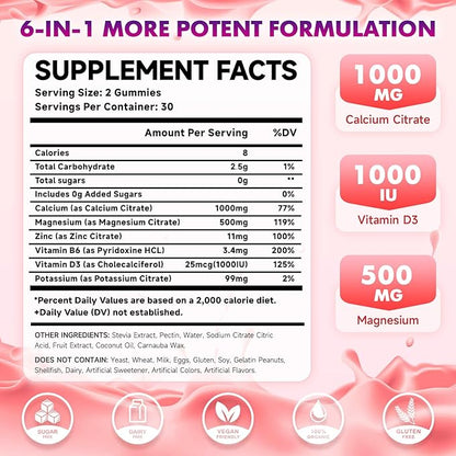 Calcium Citrate Gummies w/Vitamin D3, High Absorption Calcium Supplement for Women & Men, Plus Magnesium, Potassium, Zinc for Muscle & Immune Support, Sugar-Free, Raspberry Flavor, 60 Count