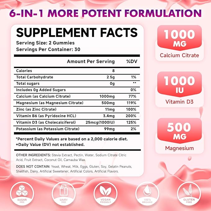 2 Pack Calcium Citrate Gummies 1000mg w/Vitamin D3, High Absorption Calcium Gummies for Women & Men, Plus Magnesium, Potassium, Zinc for Muscle & Immune Support, Raspberry Flavor, 120 Count