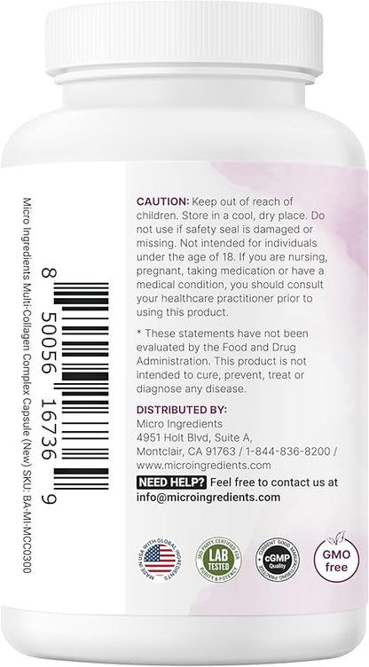 Micro Ingredients Multi Collagen Pills for Women & Men, 240 Capsules | Type I, II, III, V, X | Hydrolyzed Peptides with Biotin, Hyaluronic Acid, & Fat Soluble Vitamin C Complex | Non-GMO, Filler Free