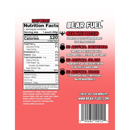 Bear Fuel Protein Gummies – 20g Protein Candy Snack – High Protein, Zero Sugar, Naturally Sweetened Gummy Bears – Fruit Variety (3, Raspberry)
